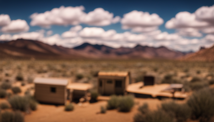 An image showcasing a serene Nevada landscape, with a picturesque tiny house nestled among the towering desert mountains; its compact size harmoniously blending with the vastness of the surroundings