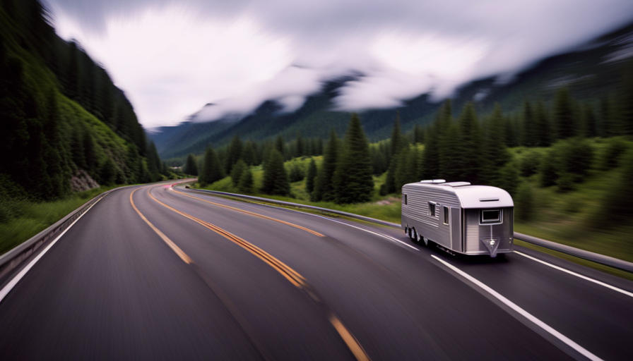 An image of a highway scene featuring a spacious, yet compact tiny house on wheels, perfectly maneuvering through traffic