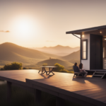 An image showcasing a spacious tiny house on wheels, featuring a lofted bedroom with large windows overlooking a lush landscape, a cozy living area with a foldable dining table, and a fully equipped kitchen with ample storage and modern appliances