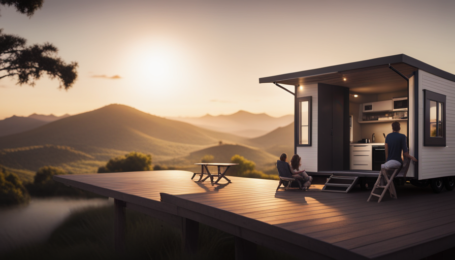 An image showcasing a spacious tiny house on wheels, featuring a lofted bedroom with large windows overlooking a lush landscape, a cozy living area with a foldable dining table, and a fully equipped kitchen with ample storage and modern appliances