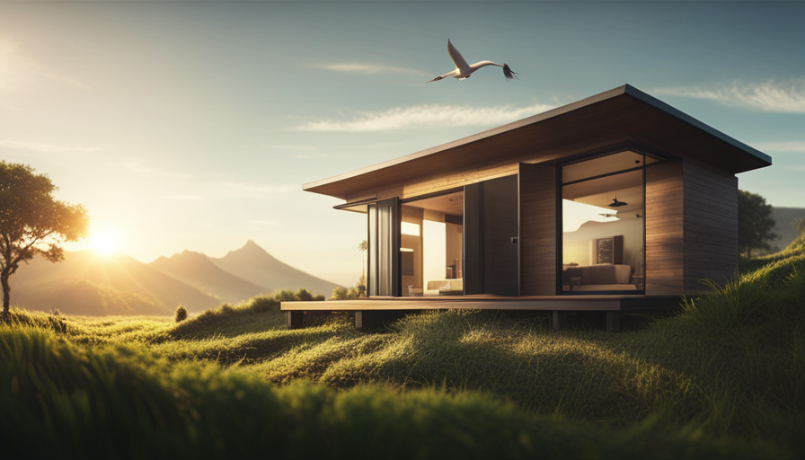 An image showcasing a spacious, beautifully designed tiny house nestled amidst a picturesque landscape with birds soaring above
