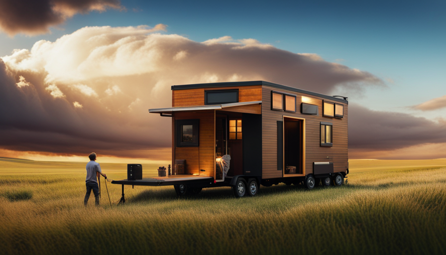 An image capturing the essence of freedom and mobility, featuring a sleek, compact tiny house adorned with vibrant solar panels, perfectly nestled on a sturdy trailer, ready to traverse endless horizons