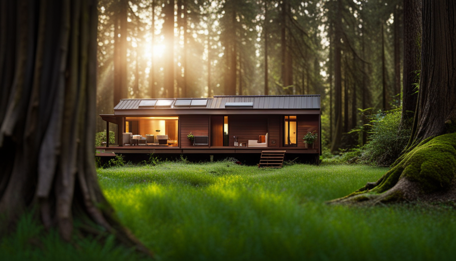 An image showcasing a sprawling, luxurious tiny house nestled amidst towering redwood trees, featuring multiple levels, floor-to-ceiling windows, a rooftop garden, and a serene outdoor living space with a bubbling hot tub