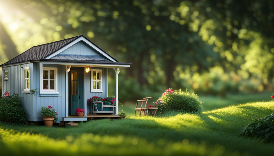 An image capturing a 10x20 tiny house nestled amidst lush greenery, showcasing its charming exterior with a quaint front porch, large windows, and a slanted roof, evoking a cozy and compact living space