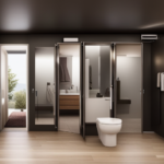 An image showcasing a cozy, yet functional bathroom in a tiny house: a sleek, space-saving shower nestled beside a compact vanity with a mirrored cabinet, complemented by a folding toilet and clever storage solutions