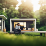 An image showcasing a cozy, minimalist tiny house nestled among lush greenery, with a spacious interior layout featuring a living area, kitchen, bedroom, and bathroom, all within a compact 1000 square feet