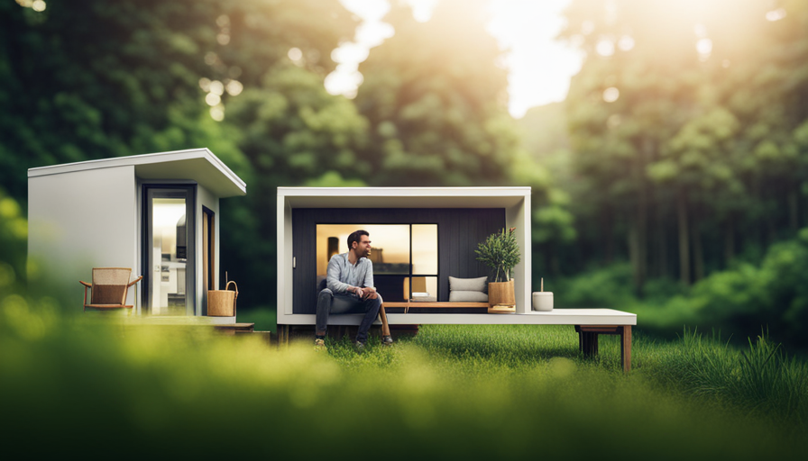 An image showcasing a cozy, minimalist tiny house nestled among lush greenery, with a spacious interior layout featuring a living area, kitchen, bedroom, and bathroom, all within a compact 1000 square feet