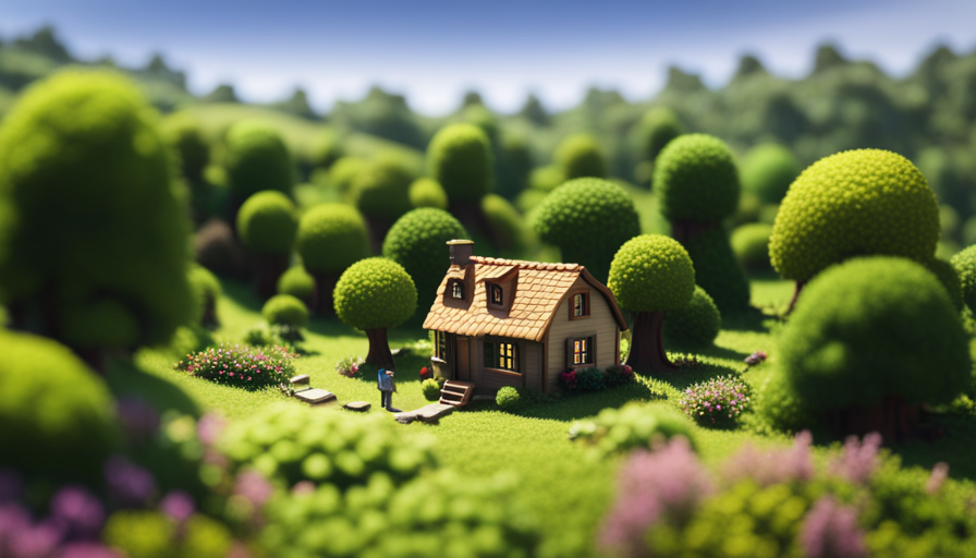 an aerial view of a lush green landscape, where a charming, pint-sized abode sits nestled among towering trees