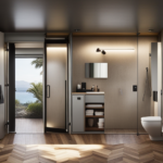 An image showcasing a compact bathroom in a tiny house, featuring a snug shower cubicle with glass doors, a space-saving toilet nestled next to a stylish vanity, and clever storage solutions like floating shelves and a mirrored medicine cabinet