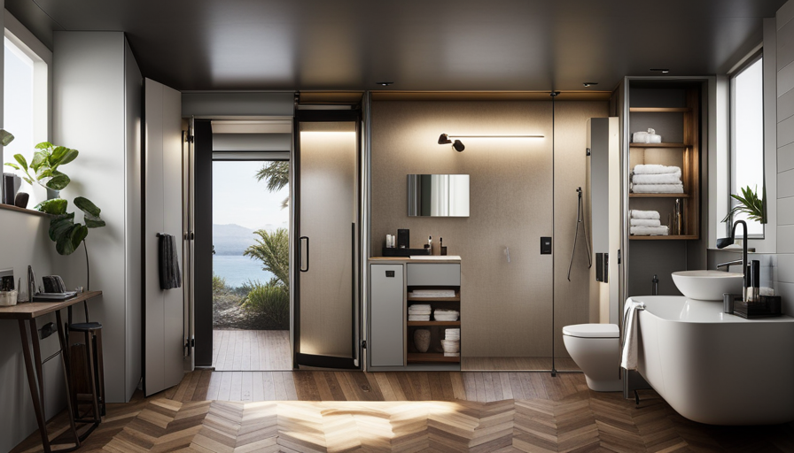 An image showcasing a compact bathroom in a tiny house, featuring a snug shower cubicle with glass doors, a space-saving toilet nestled next to a stylish vanity, and clever storage solutions like floating shelves and a mirrored medicine cabinet