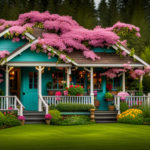 An image showcasing an adorable, pint-sized home nestled amidst lush Oregonian landscapes, with towering evergreen trees, a quaint porch adorned with hanging flower baskets, and a vibrant garden bursting with colorful blooms