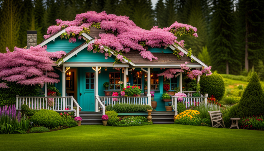 An image showcasing an adorable, pint-sized home nestled amidst lush Oregonian landscapes, with towering evergreen trees, a quaint porch adorned with hanging flower baskets, and a vibrant garden bursting with colorful blooms
