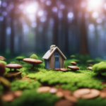 An image showcasing a serene woodland setting, with a tiny house nestled amongst towering trees, surrounded by a lush garden