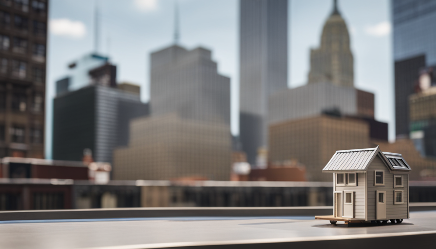 An image showcasing a compact, minimalist flat tiny house nestled amidst the bustling cityscape of New York