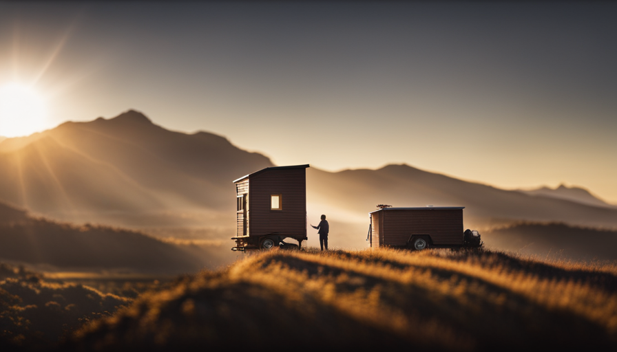 An image capturing the grandeur of the Flat Tiny House, showcasing its compact dimensions against a breathtaking backdrop, emphasizing its unique design features and efficient use of space