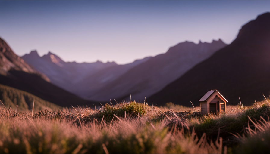 An image showcasing the Rosebud Tiny House amidst a breathtaking landscape, capturing its compact dimensions against towering mountains, emphasizing its petite size and harmonious integration with nature
