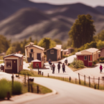 An image showcasing a vibrant street lined with diverse, intricately designed tiny houses, with people joyfully socializing outside their homes