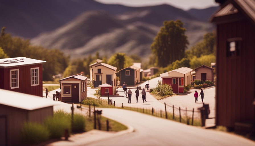 An image showcasing a vibrant street lined with diverse, intricately designed tiny houses, with people joyfully socializing outside their homes