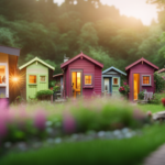 An image showcasing a vibrant, bustling tiny house village, with rows of meticulously designed compact homes nestled amidst lush greenery