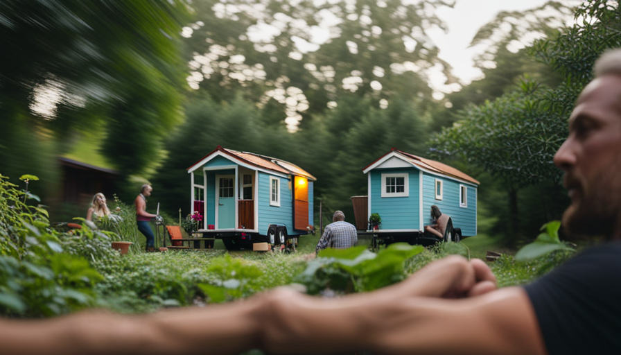 An image showcasing a vibrant community of diverse tiny houses nestled amidst lush greenery, with people engaging in various activities like gardening, reading in hammocks, and sharing meals outdoors, capturing the vastness of the tiny house movement
