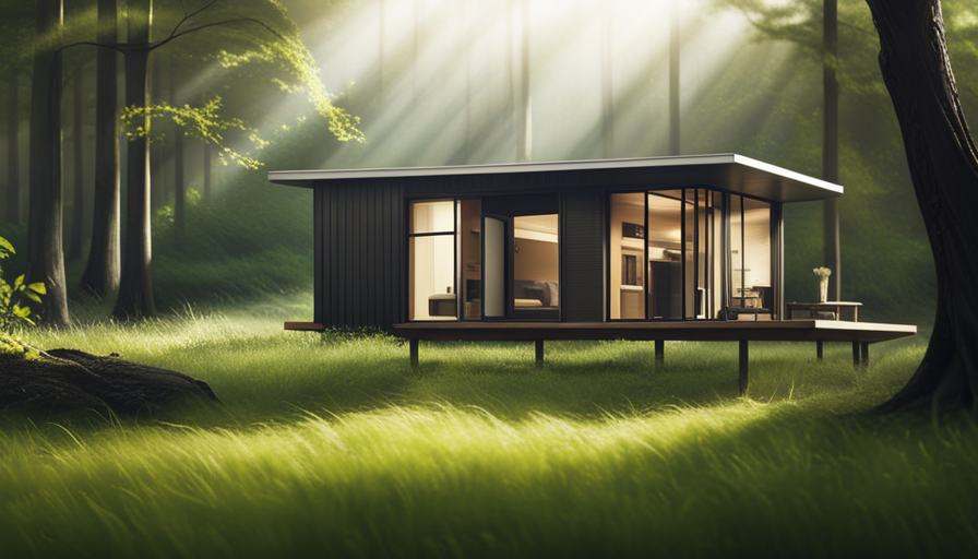 An image showcasing a cozy, minimalist dwelling nestled under towering trees, revealing the typical tiny house size