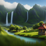 An image showcasing a picturesque landscape with a small, charming tiny house in the foreground, surrounded by towering mountains, lush greenery, and a winding river, accentuating the true scale of these compact dwellings