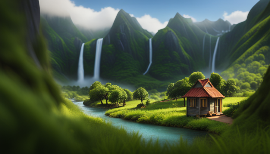 An image showcasing a picturesque landscape with a small, charming tiny house in the foreground, surrounded by towering mountains, lush greenery, and a winding river, accentuating the true scale of these compact dwellings
