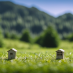 An image featuring a picturesque landscape with a tiny house nestled on a spacious lot, surrounded by lush greenery and towering trees, showcasing the perfect balance between minimalism and nature's abundant beauty