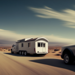 An image showcasing a sturdy pickup truck effortlessly towing a spacious, impeccably designed tiny house