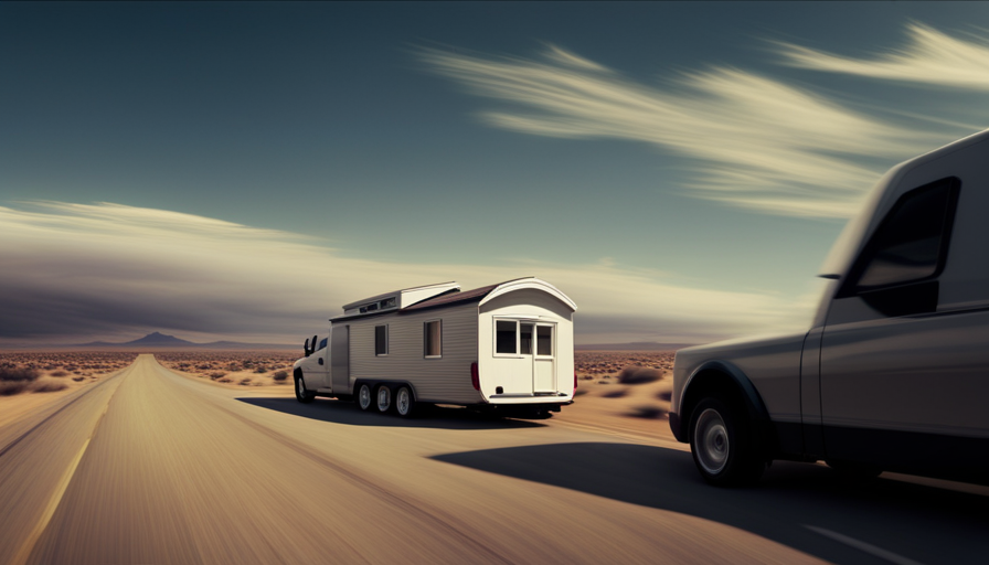 An image showcasing a sturdy pickup truck effortlessly towing a spacious, impeccably designed tiny house