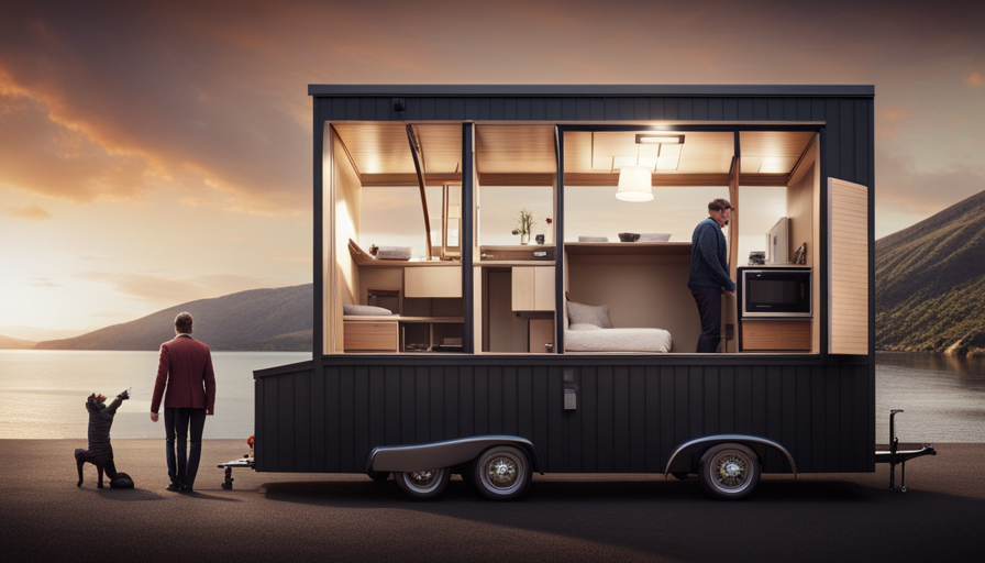 An image showcasing a spacious tiny house on wheels, constructed atop a trailer