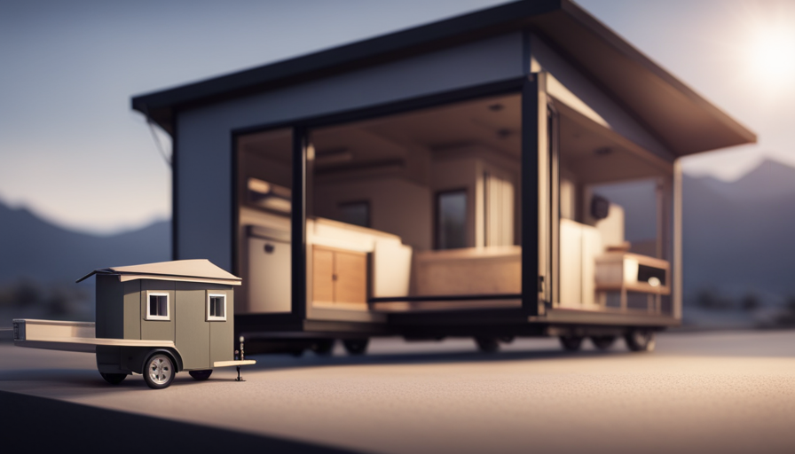 An image of a compact, minimalist tiny house on wheels, perched atop a sturdy, customized trailer