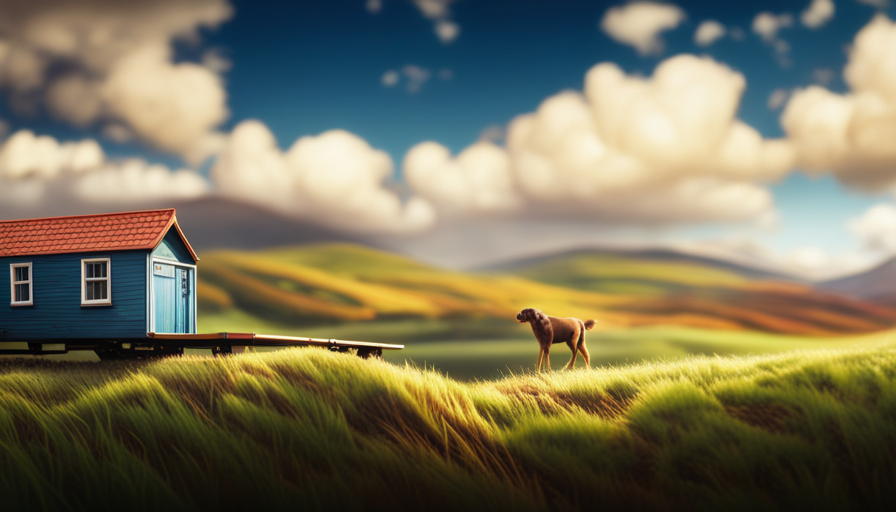 An image depicting a picturesque countryside scene with a tiny house perched atop a flatbed trailer