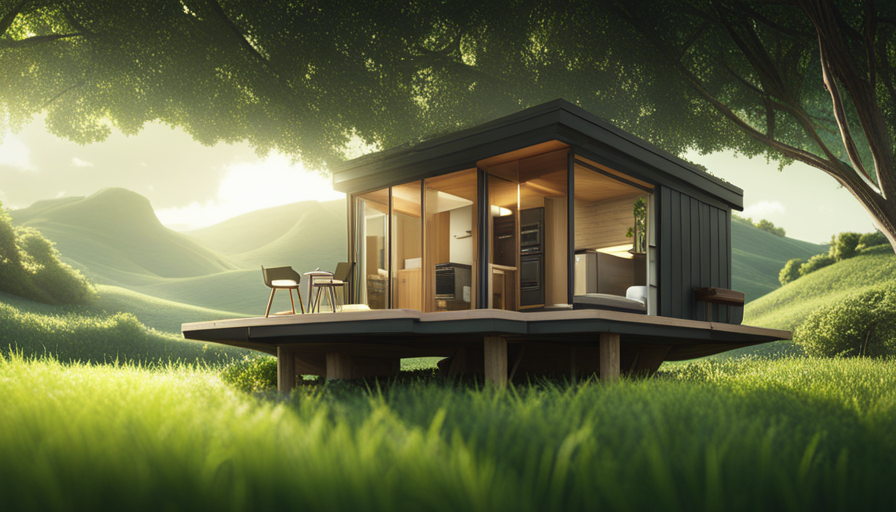 An image showcasing a compact, eco-friendly tiny house nestled amidst serene nature