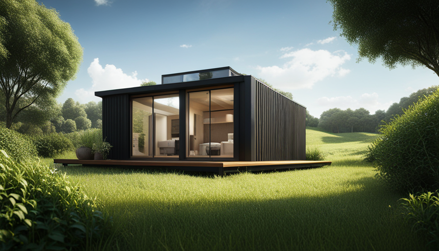 An image that showcases a compact, charming tiny house nestled amidst lush greenery, featuring an ingeniously designed water storage system