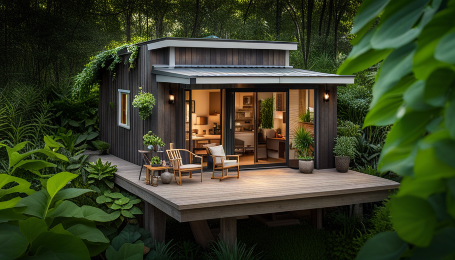 An image capturing the grandeur of a minuscule dwelling: a compact, architecturally stunning tiny house nestled amidst lush greenery, with floor-to-ceiling windows, a cozy porch, and a charming rooftop garden