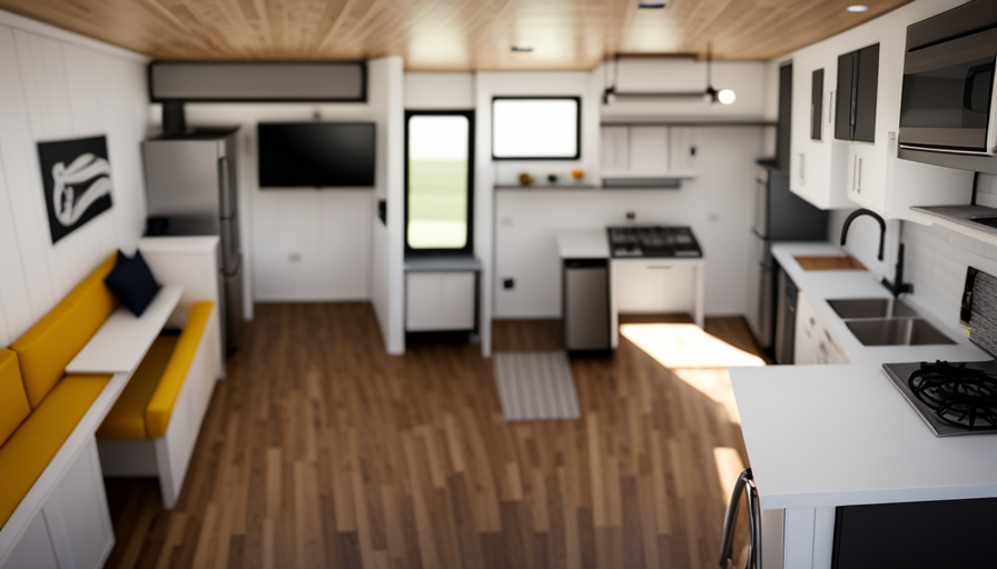 An image showcasing the layout of a 26ft tiny house, emphasizing a spacious living area that comfortably accommodates furniture, a cozy dining nook, and a functional kitchenette, all thoughtfully designed to maximize comfort and functionality