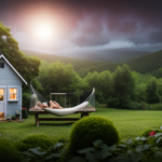 An image showcasing a picturesque tiny house nestled amidst lush greenery, surrounded by a cozy outdoor seating area with twinkling string lights, a hammock, and a small vegetable garden