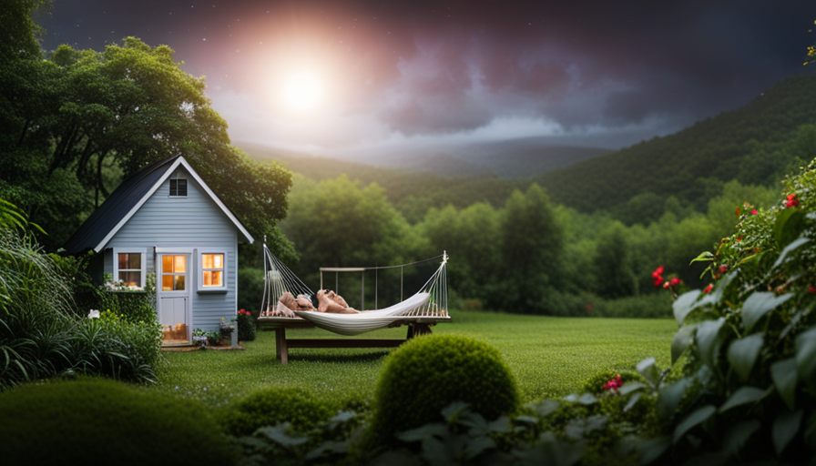 An image showcasing a picturesque tiny house nestled amidst lush greenery, surrounded by a cozy outdoor seating area with twinkling string lights, a hammock, and a small vegetable garden