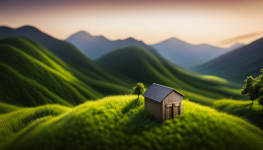 An image showcasing a serene landscape with a picturesque plot of land, surrounded by lush greenery and a panoramic mountain view, ready to be transformed into a cozy tiny house haven