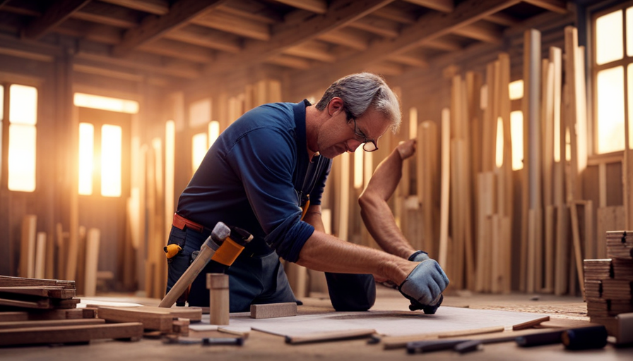 An image of a person hammering together wooden beams, surrounded by stacks of lumber, tools, and blueprints