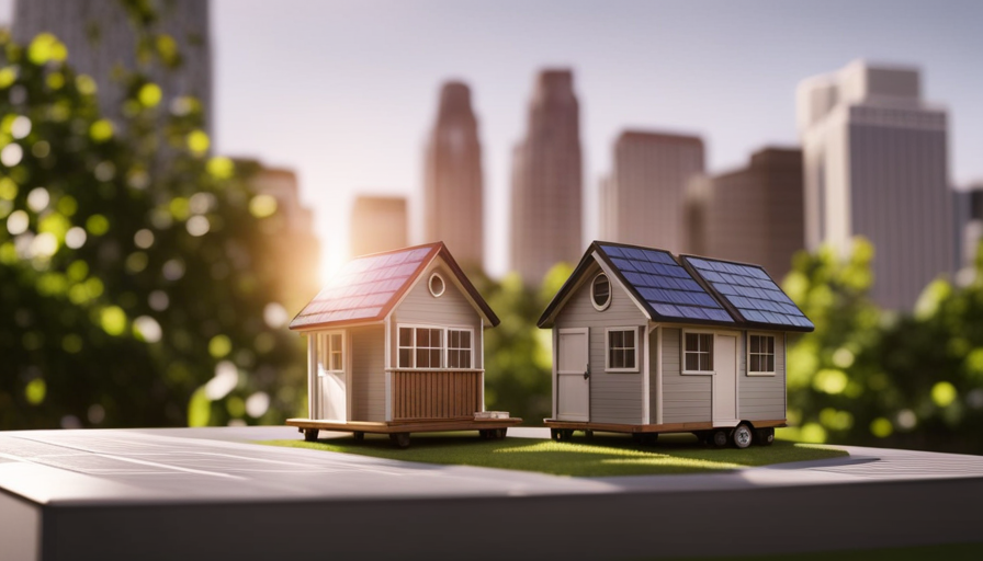 An image showing a visionary blueprint of a compact, off-grid tiny house with solar panels, rainwater collection system, and wheels, nestled cozily amidst a lush urban rooftop garden surrounded by towering skyscrapers