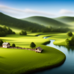 An image showcasing a picturesque landscape with a meandering river nestled between rolling green hills
