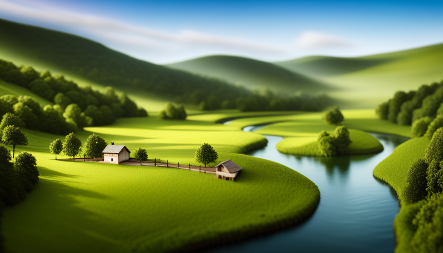An image showcasing a picturesque landscape with a meandering river nestled between rolling green hills