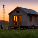  a picturesque scene at dusk: A cozy, minimalist tiny house stands tall amidst a lush, sprawling landscape