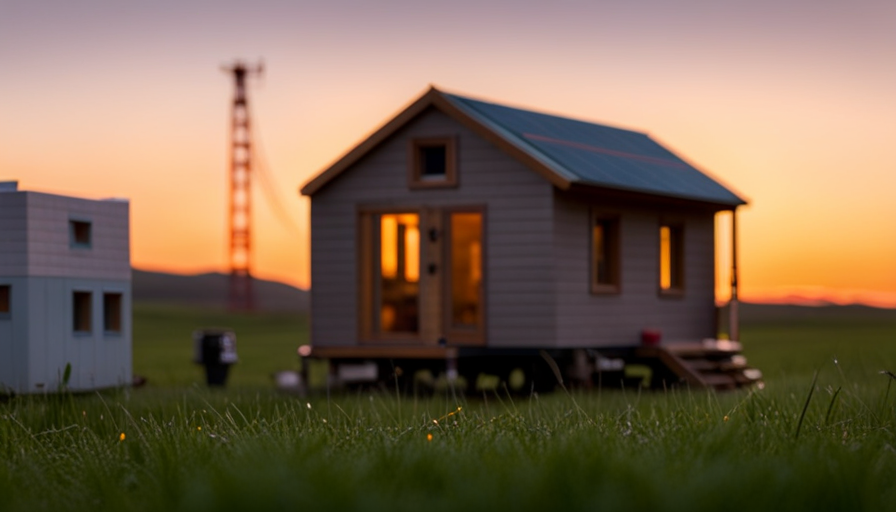 a picturesque scene at dusk: A cozy, minimalist tiny house stands tall amidst a lush, sprawling landscape