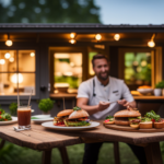  Create an image showcasing a cozy, rustic tiny house restaurant nestled amidst lush greenery, featuring a charming outdoor dining area with string lights, a chef preparing delectable dishes in the open kitchen, and a sign displaying "Certified Tiny House Restaurant
