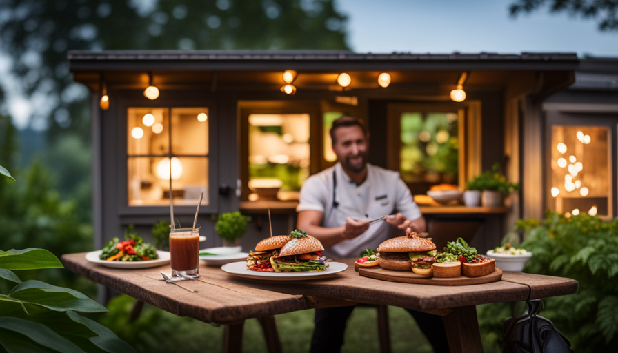Create an image showcasing a cozy, rustic tiny house restaurant nestled amidst lush greenery, featuring a charming outdoor dining area with string lights, a chef preparing delectable dishes in the open kitchen, and a sign displaying "Certified Tiny House Restaurant