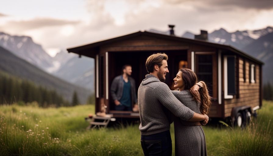 An image showcasing an enthusiastic couple standing outside a charming, beautifully designed tiny house with large windows, nestled among picturesque scenery, while a camera crew captures their excitement