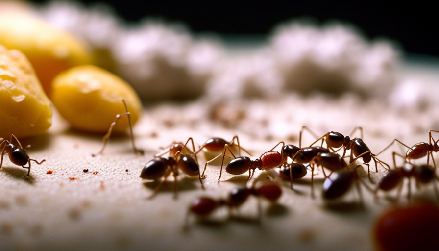 An image showcasing a kitchen countertop invaded by a multitude of tiny ants, their trails weaving between spilled sugar, crumbs, and fruit peels